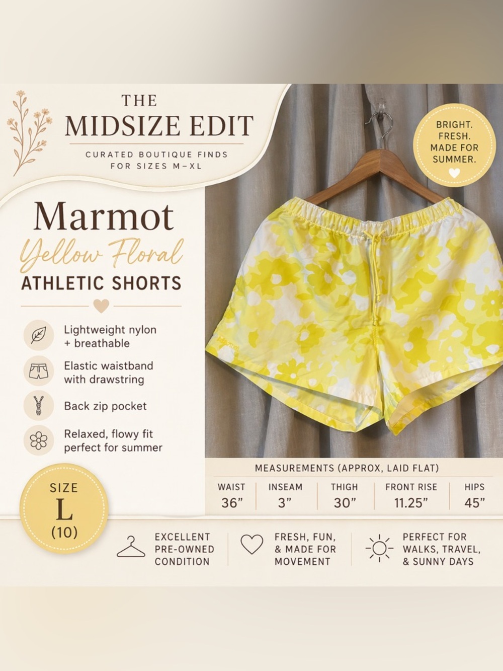 🌼 Marmot Yellow Floral Athletic Shorts | Size L | Lightweight Summer